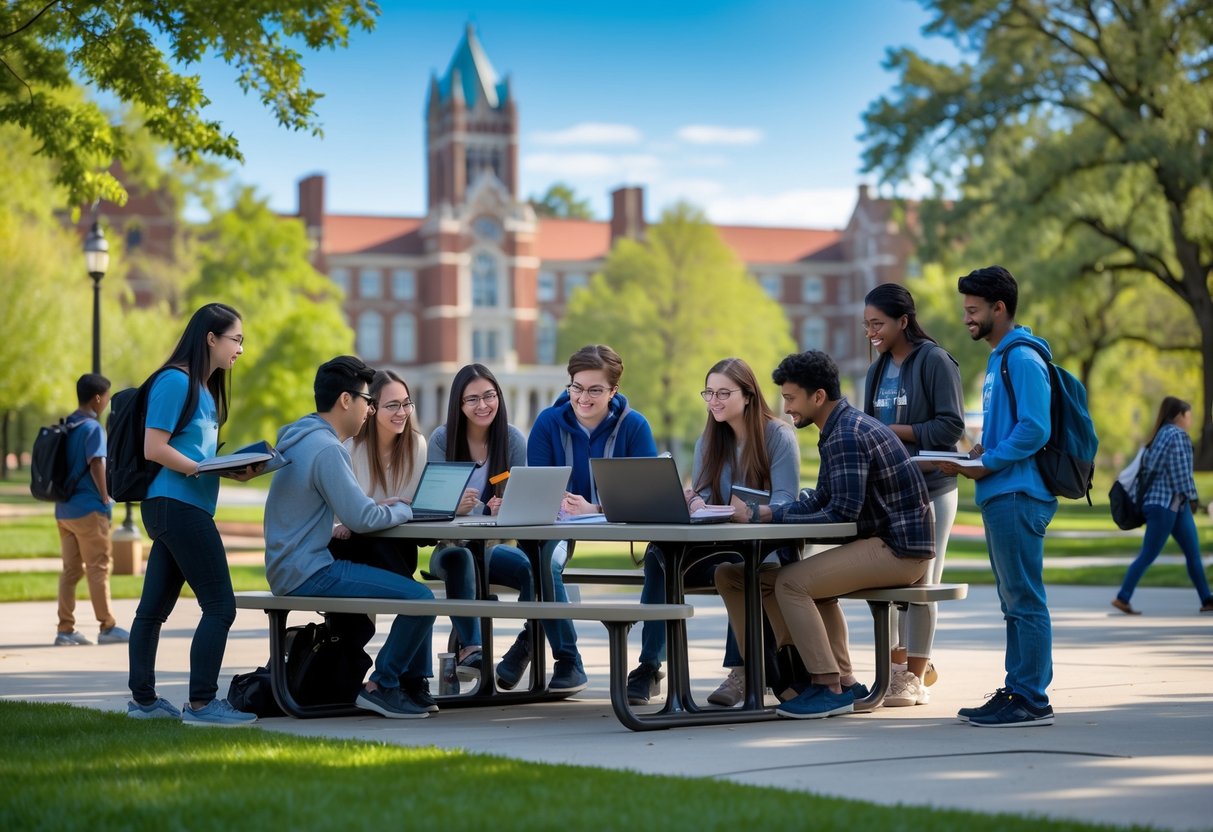 35 Fully Funded Scholarships | University of Michigan Ann Arbor 2026 26 A diverse group of university students studying and collaborating outdoors on a university campus with green trees and buildings in the background.