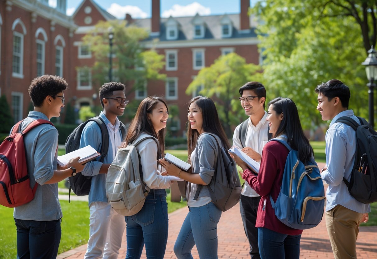 35 Fully Funded Scholarships at Georgetown University 2026 27 A diverse group of university students studying and talking together outdoors on a university campus with red-brick buildings and trees in the background.
