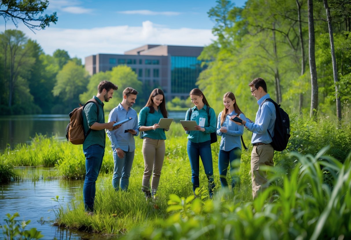 35 Fully Funded Scholarships | University of Michigan Ann Arbor 2026 27 A group of graduate students conducting ecosystem monitoring near a lake with trees and a university building in the background.