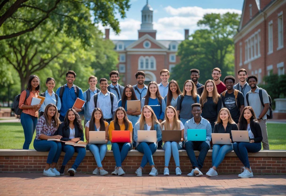 35 Fully Funded Scholarships at Georgetown University 2026 28 A diverse group of college students studying together outside on a university campus with historic buildings and trees in the background.