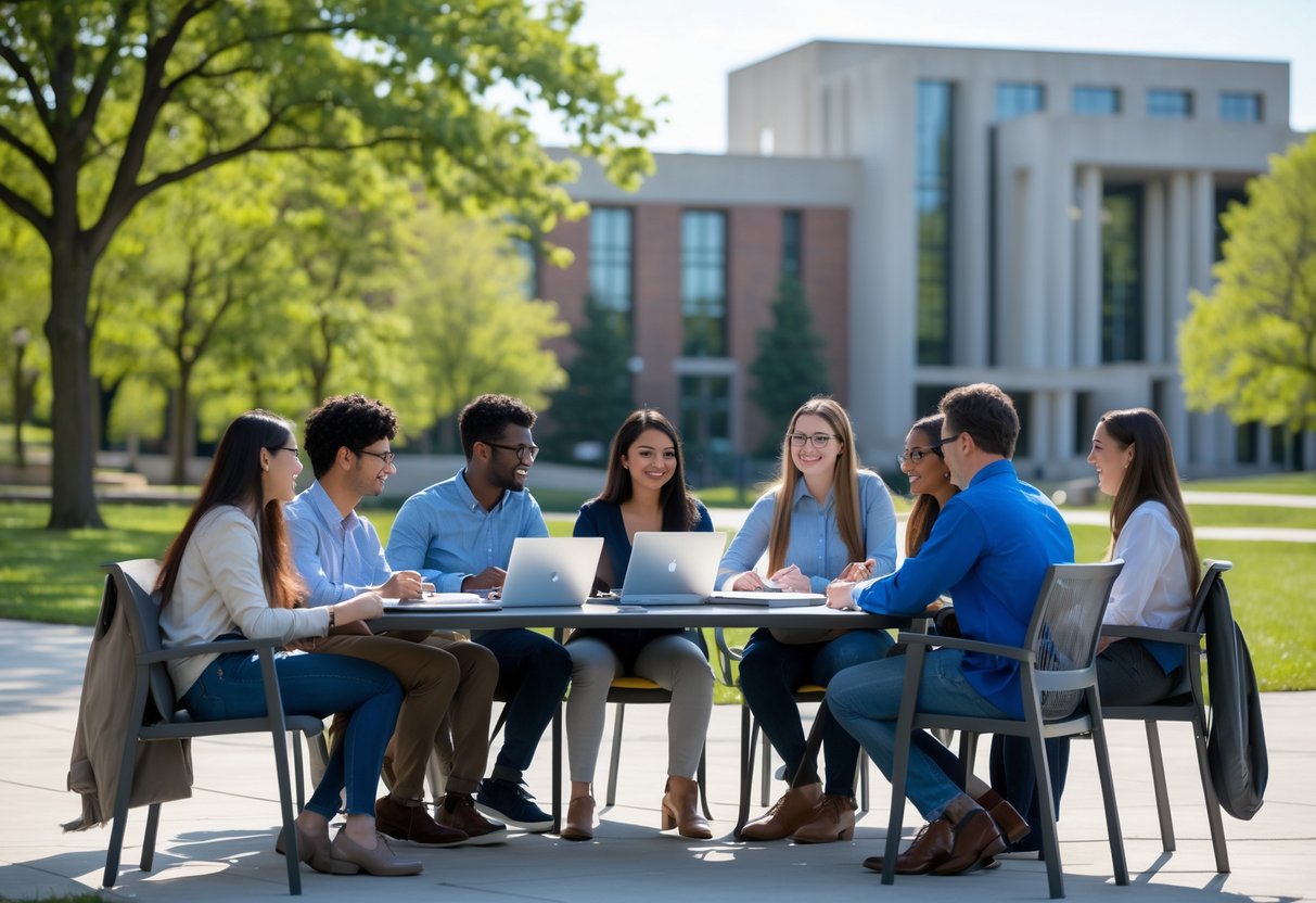 35 Fully Funded Scholarships | University of Michigan Ann Arbor 2026 28 A group of diverse graduate students studying and discussing together outdoors on a university campus with modern buildings and greenery in the background.