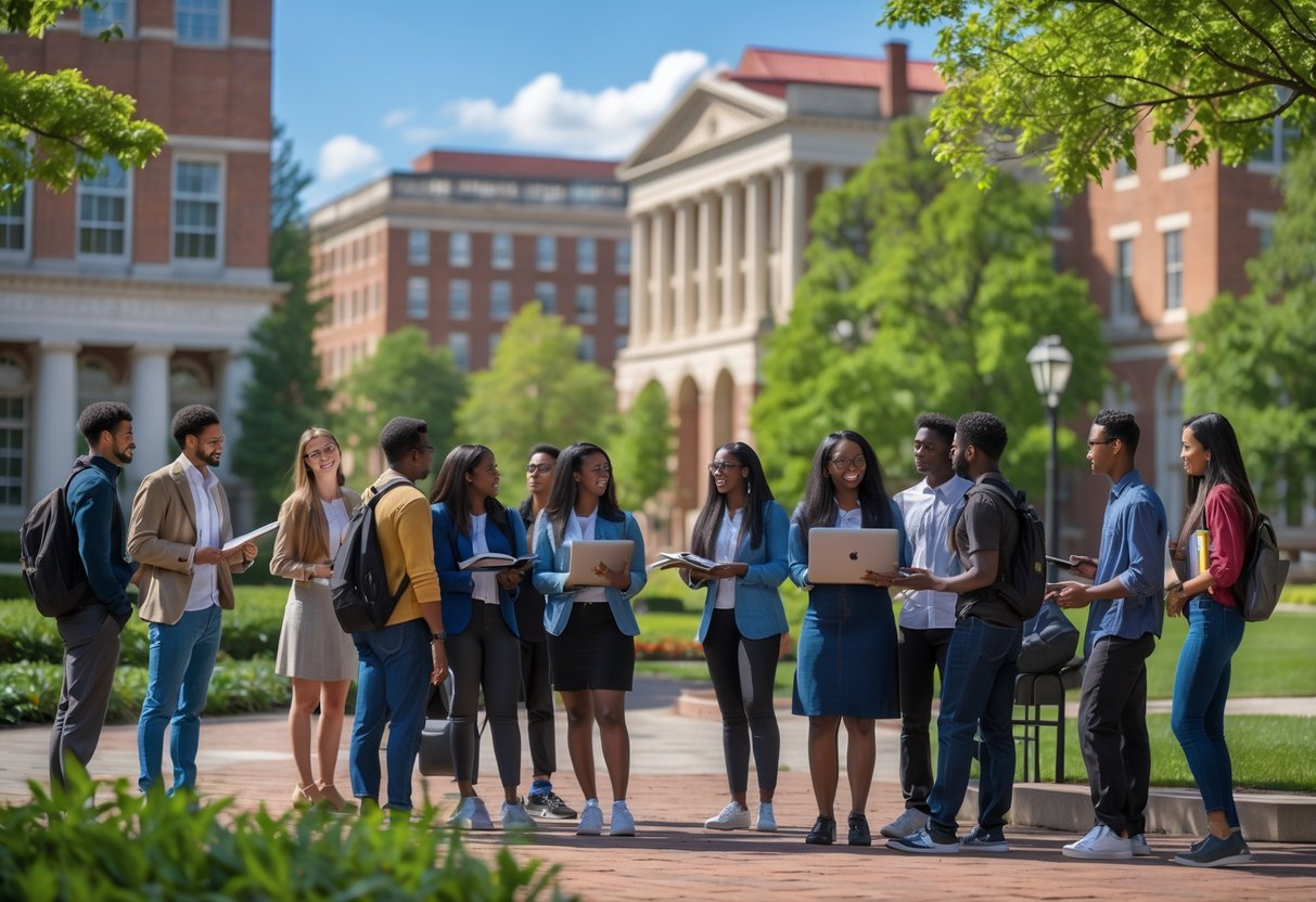 35 Fully Funded Scholarships at Georgetown University 2026 29 A diverse group of university students studying and discussing together outdoors on a university campus with buildings and trees in the background.