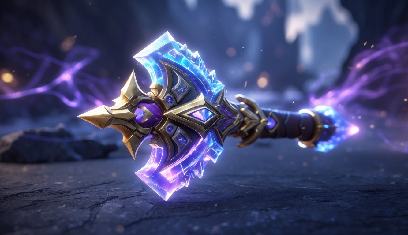 Sebuah senjata atau artefak fantasi bercahaya yang ditempatkan di atas permukaan gelap dengan latar belakang samar medan pertempuran mistis.
