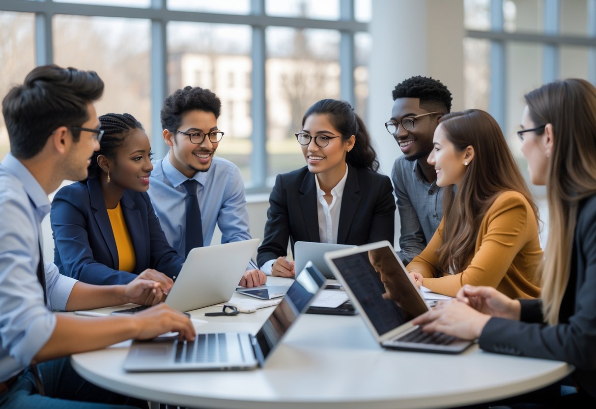 35 Fully Funded Scholarships | University of Michigan Ann Arbor 2026 30 A diverse group of students collaborating around a table with laptops and notebooks in a bright university workspace.