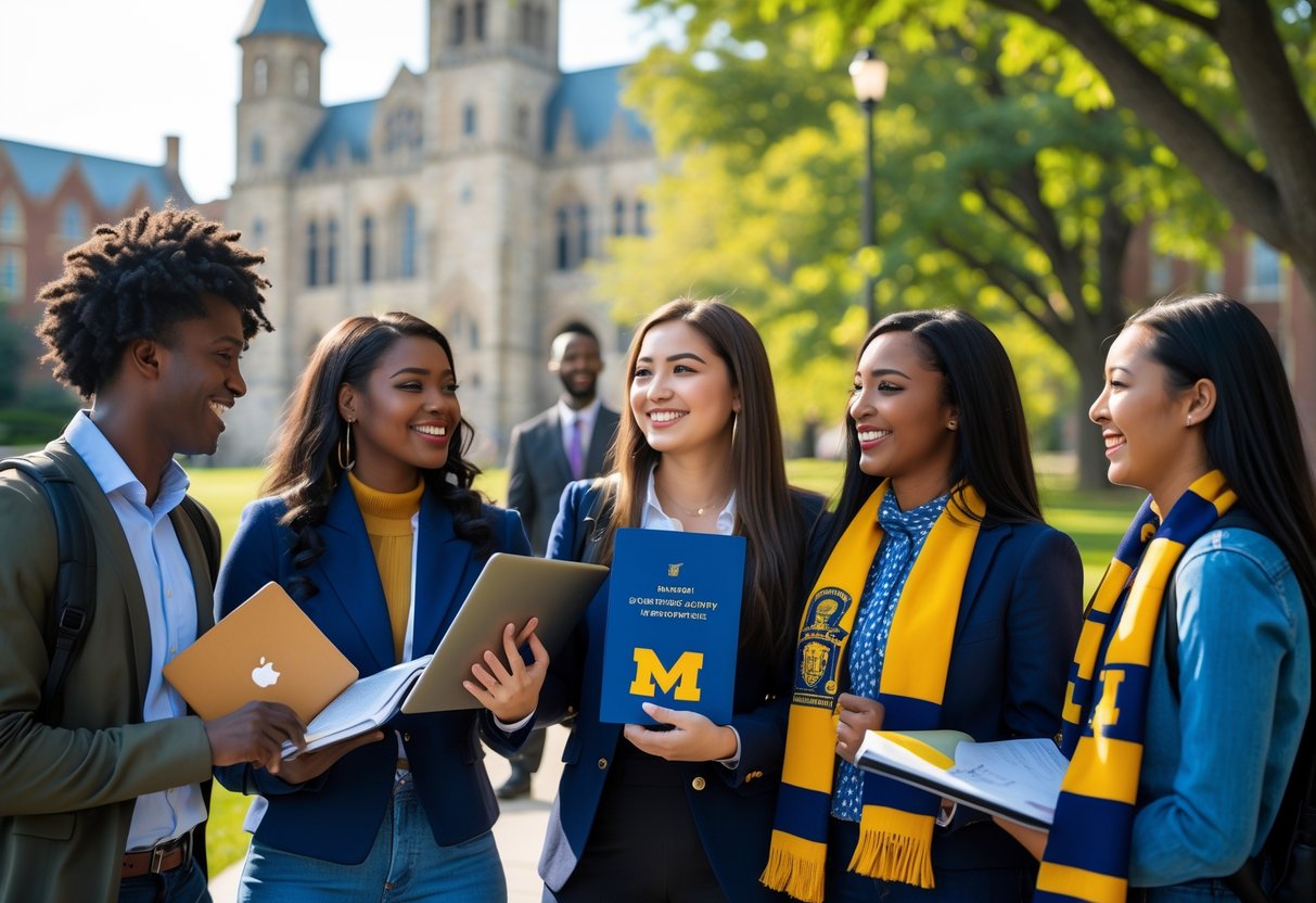 35 Fully Funded Scholarships | University of Michigan Ann Arbor 2026 31 A group of diverse graduate students smiling and celebrating outdoors on a university campus with trees and buildings in the background.