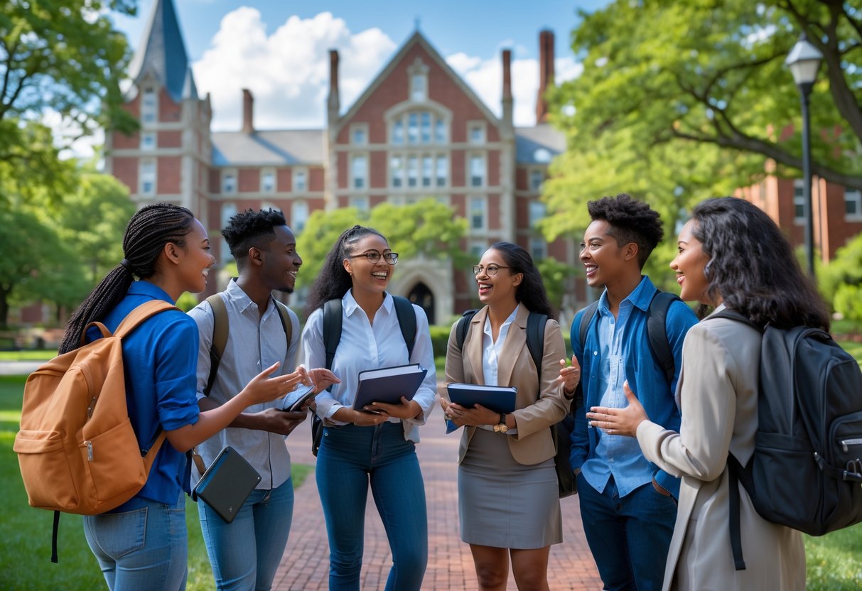 35 Fully Funded Scholarships at Georgetown University 2026 32 A group of diverse college students talking outdoors on the Georgetown University campus with historic buildings and trees in the background.