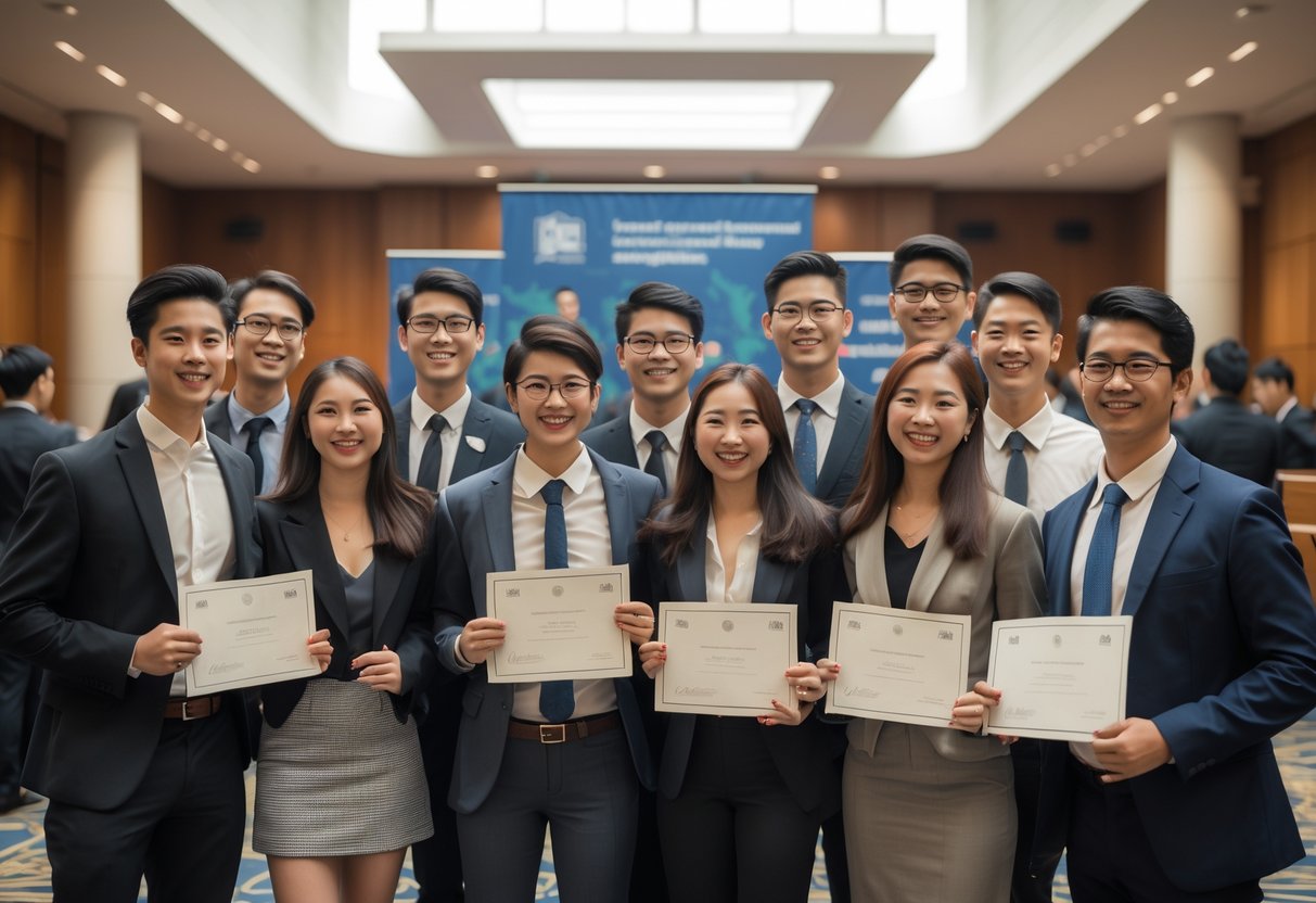 35 Fully Funded Scholarships at Georgetown University 2026 33 A group of diverse students celebrating and holding awards in a university auditorium during an academic ceremony.