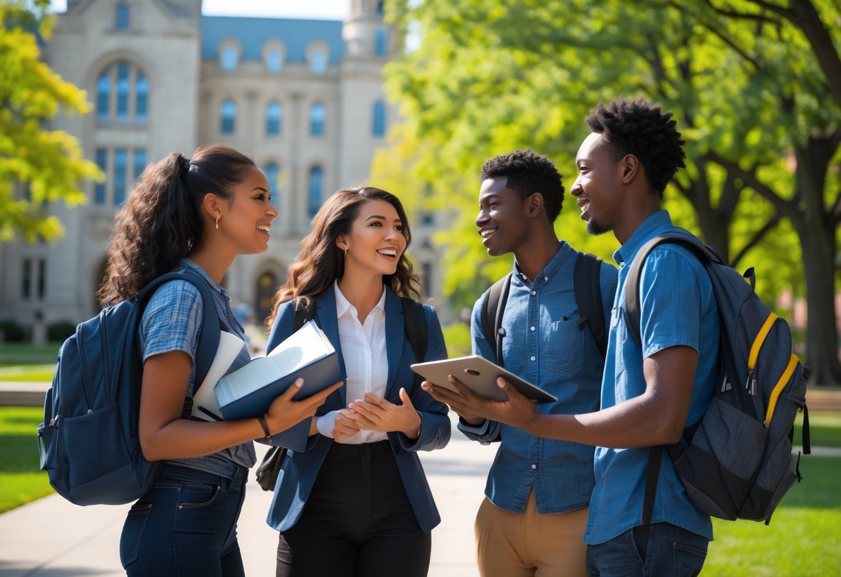 35 Fully Funded Scholarships | University of Michigan Ann Arbor 2026 34 Diverse students discussing and studying outdoors on a university campus with iconic buildings and green trees in the background.