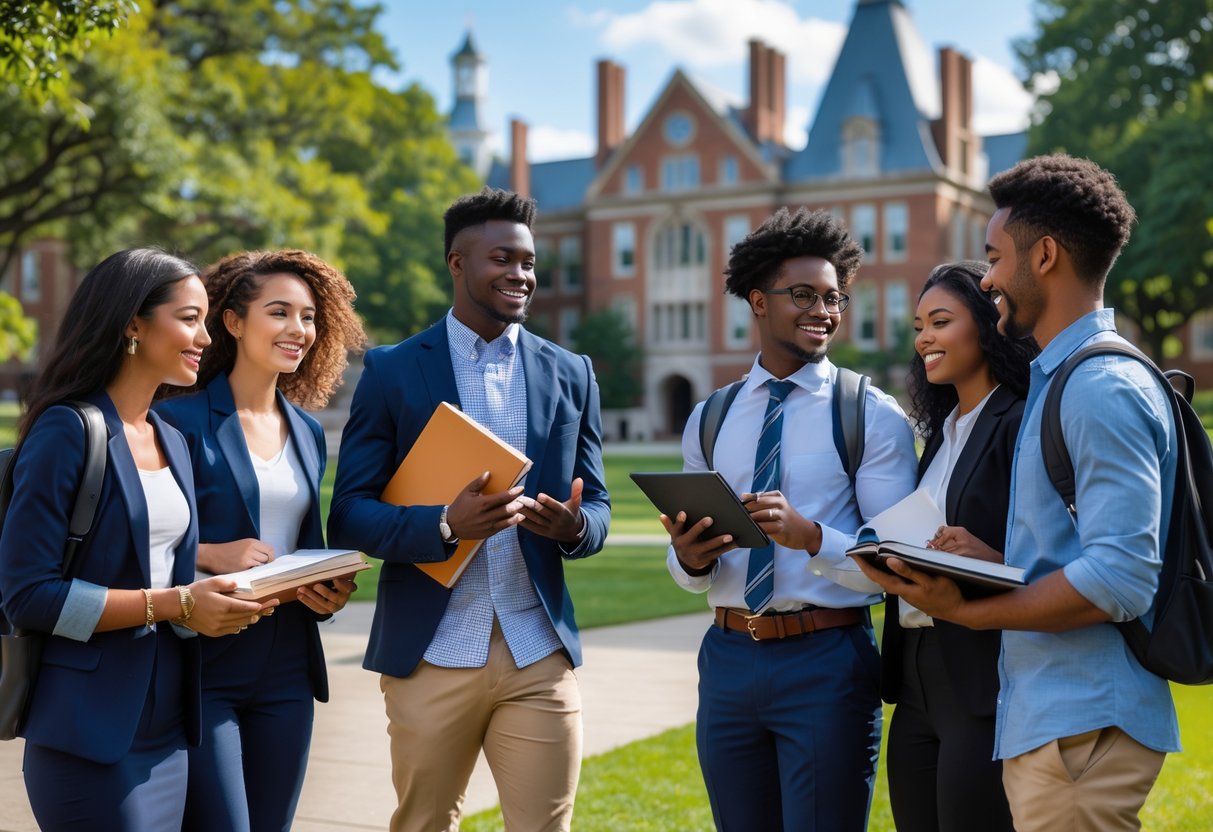 35 Fully Funded Scholarships at Georgetown University 2026 35 A group of diverse graduate students studying together outdoors on a university campus with classic buildings and trees in the background.
