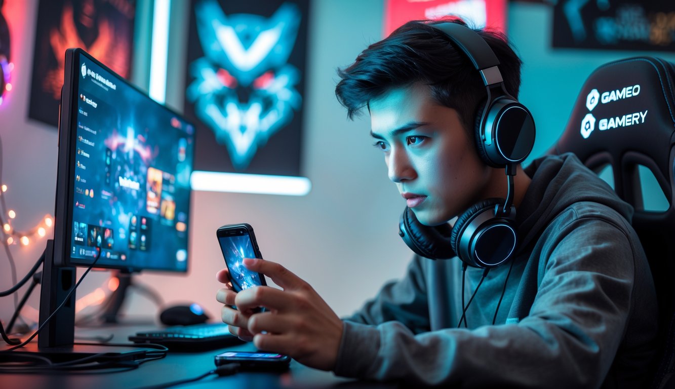 Seorang pemain muda fokus bermain game di ponsel dengan latar belakang dekorasi bertema game.