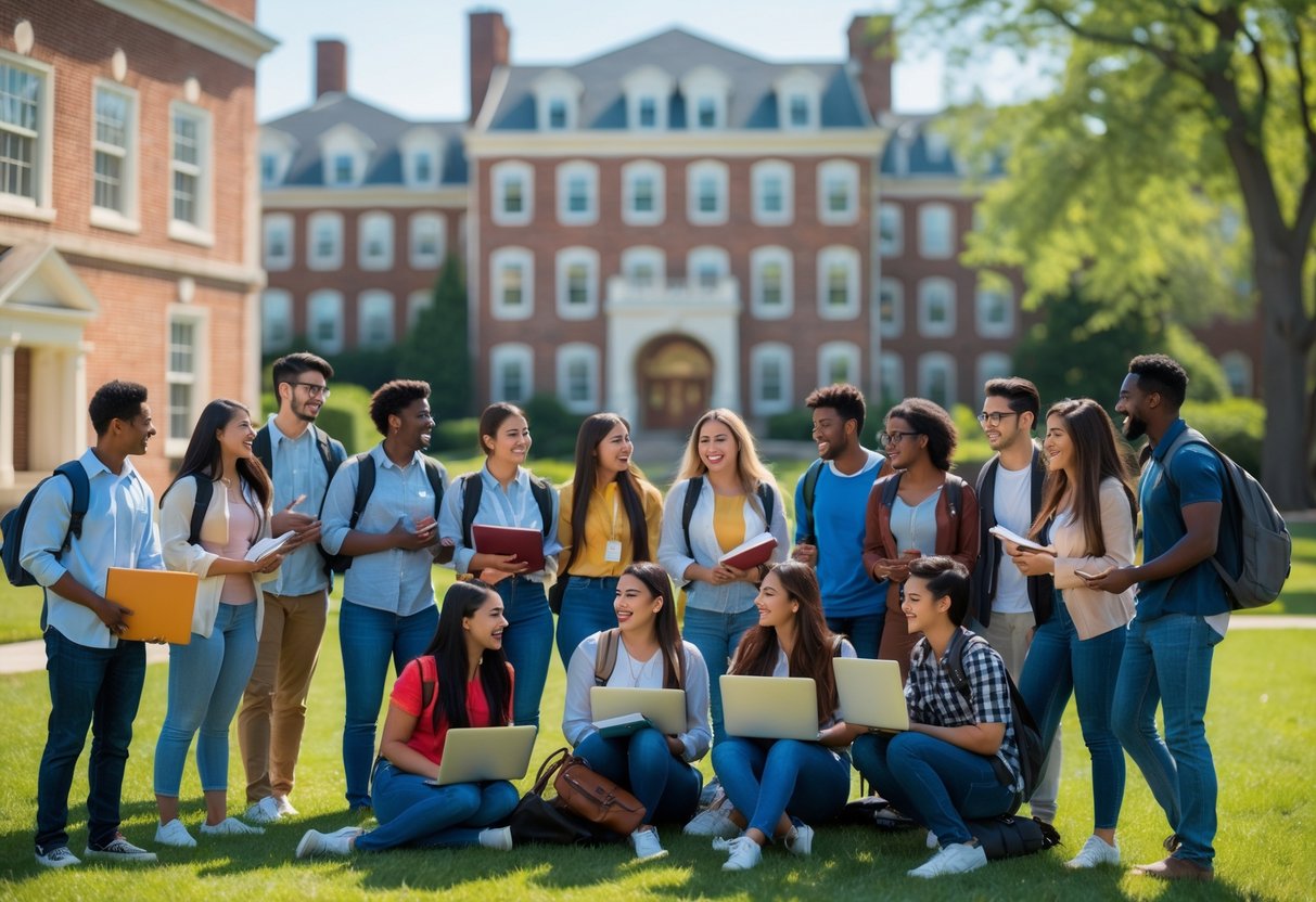 35 Fully Funded Scholarships at Georgetown University 2026 36 A diverse group of college students talking and studying together outdoors on a university campus with classic brick buildings and green lawns.