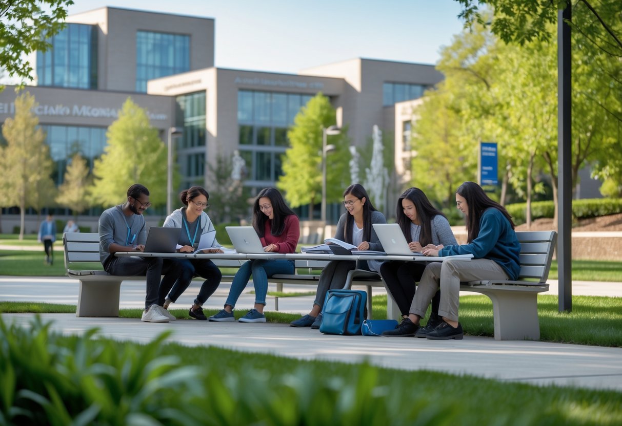 35 Fully Funded Scholarships | University of Michigan Ann Arbor 2026 36 A group of diverse graduate students studying together outdoors on a university campus with modern buildings and green trees in the background.