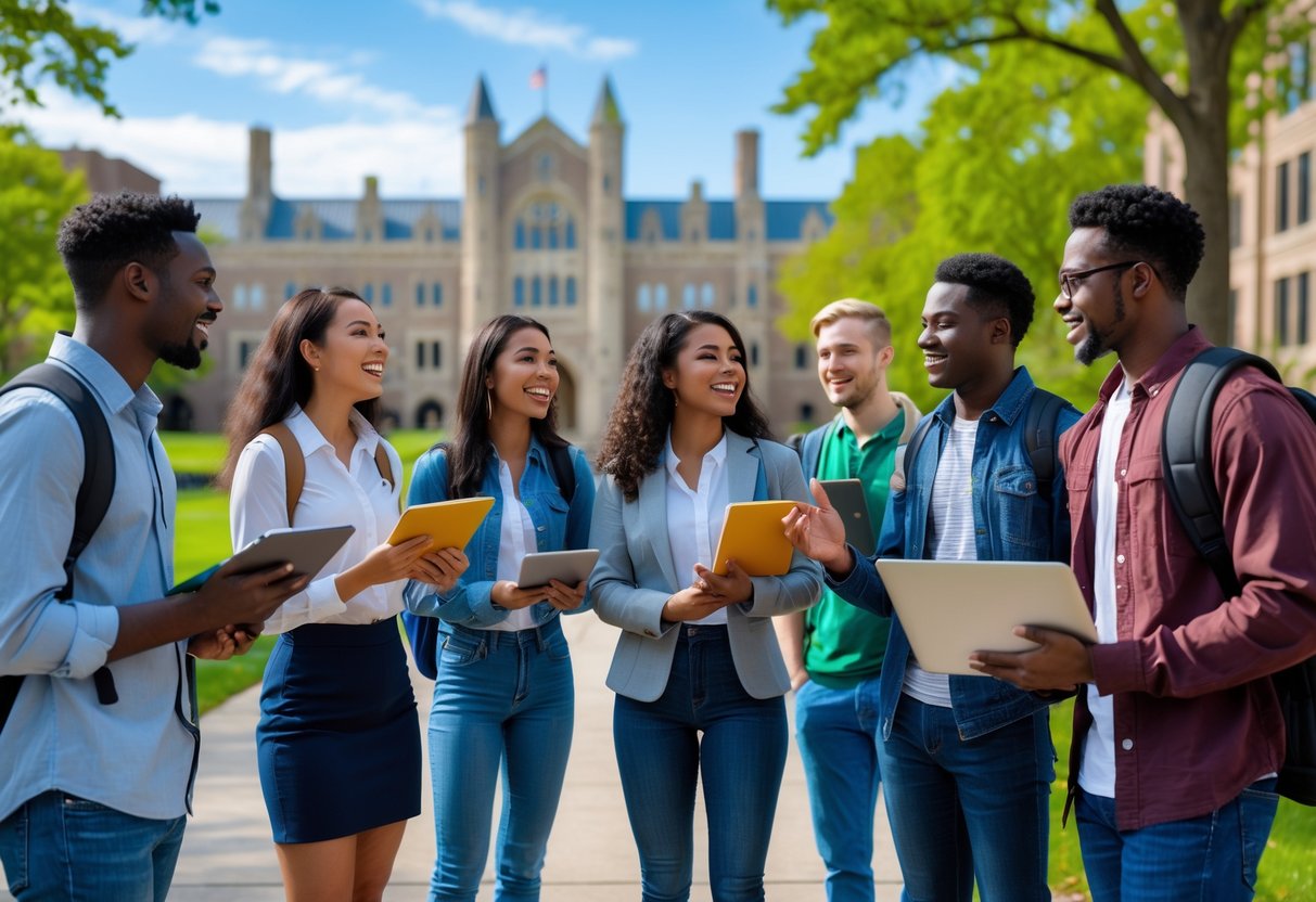 35 Fully Funded Scholarships | University of Michigan Ann Arbor 2026 37 A diverse group of university students discussing and studying together outdoors on a university campus with buildings and trees in the background.