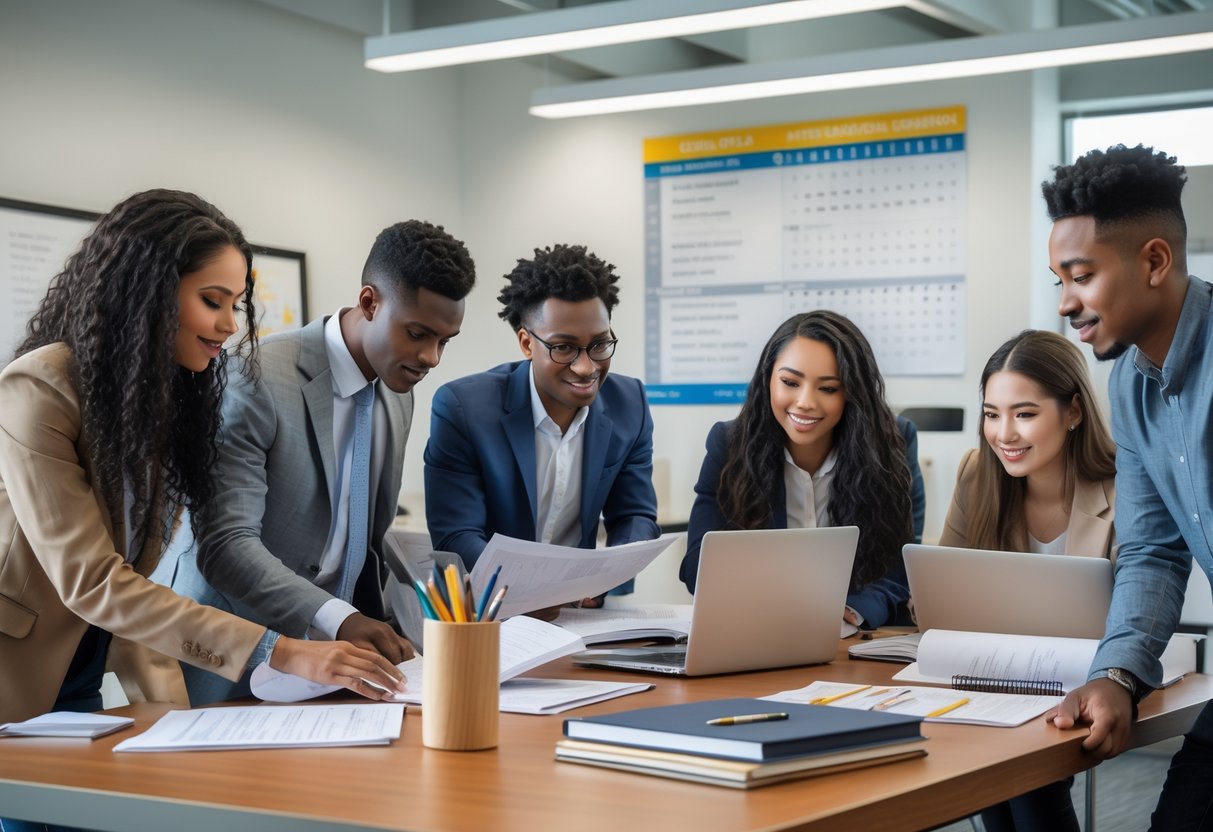 35 Fully Funded Scholarships at Georgetown University 2026 38 A group of diverse university students and a counselor working together on applications in a bright office with a calendar on the wall.