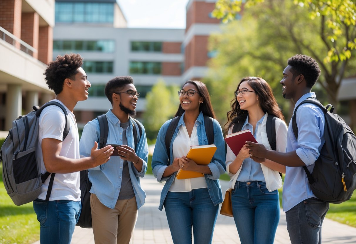 35 Fully Funded Scholarships at Georgetown University 2026 39 A diverse group of college students talking together outside on a university campus with buildings and trees in the background.