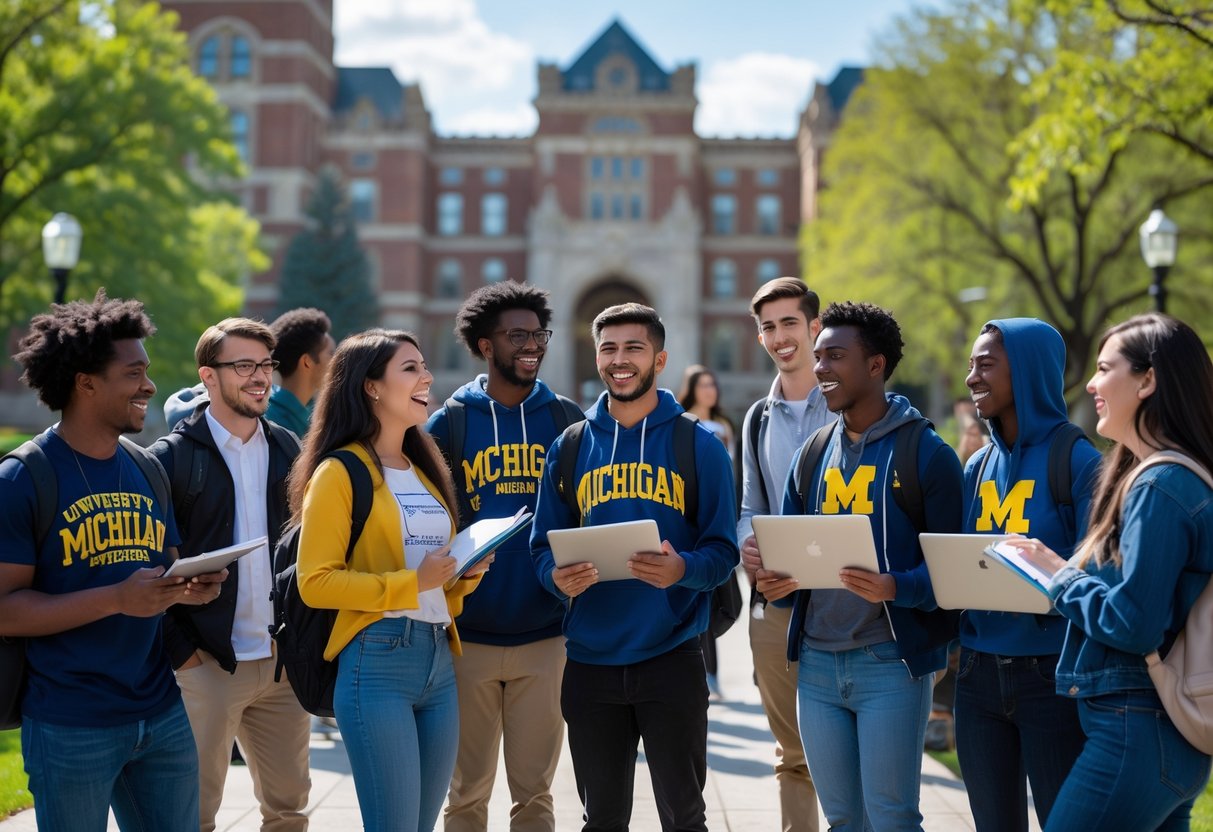 35 Fully Funded Scholarships | University of Michigan Ann Arbor 2026 39 A group of diverse university students talking and studying together outdoors on a sunny campus with trees and buildings in the background.