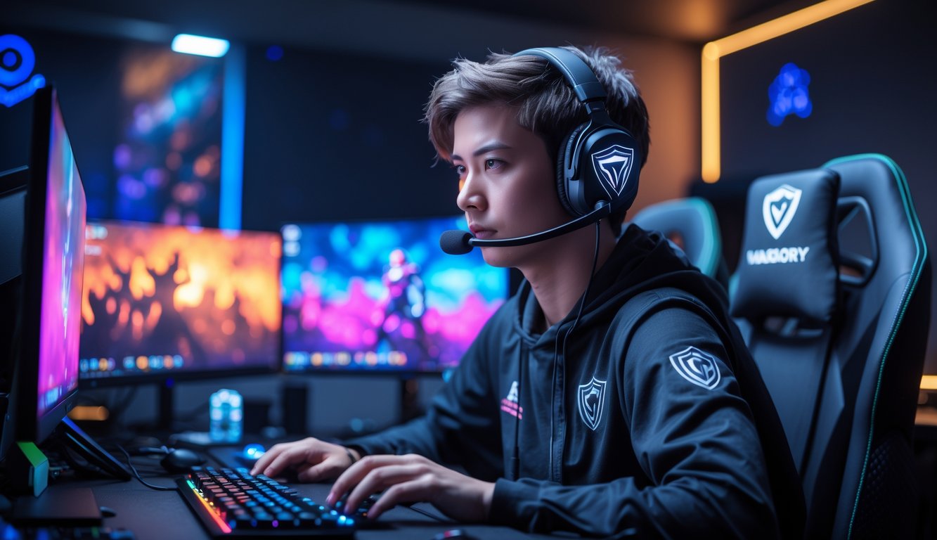 Seorang pemain esports sedang fokus bermain Vainglory di depan beberapa monitor dengan pencahayaan ruangan yang redup.