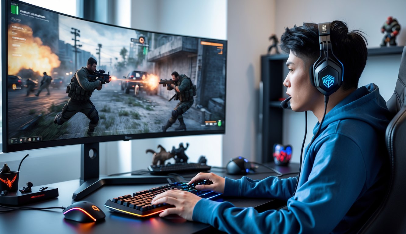 Seorang gamer muda fokus bermain game tembak-tembakan di depan komputer dengan headset di ruangan yang rapi dan terang.