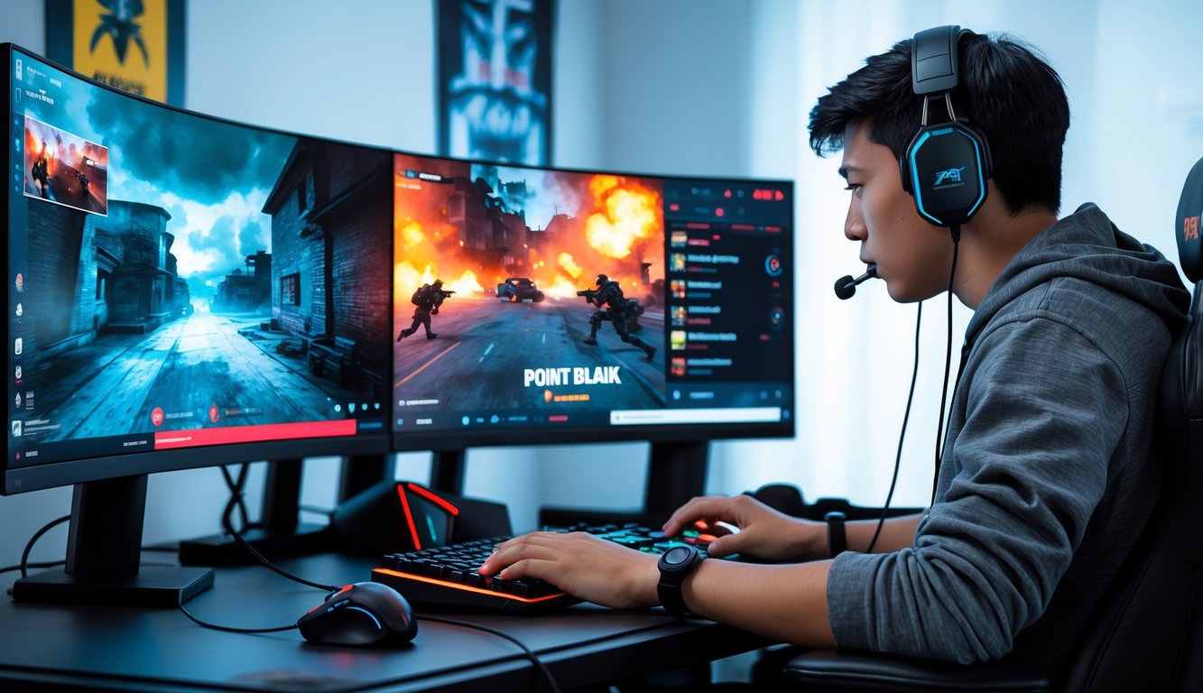 Seorang pemula sedang serius bermain game Point Blank di depan komputer dengan headset dan perlengkapan gaming di ruangan yang rapi.