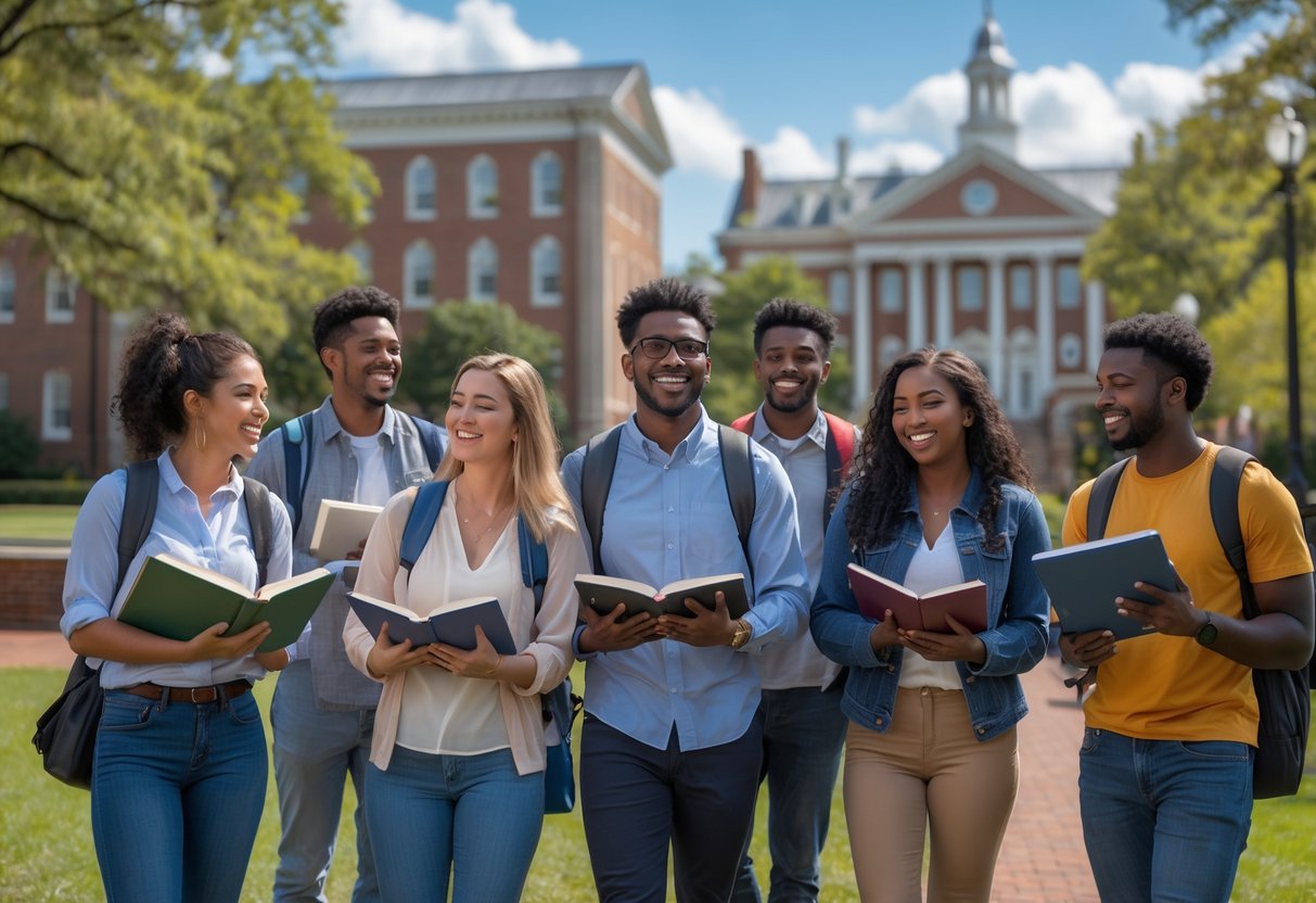 35 Fully Funded Scholarships | University of North Carolina Chapel Hill 2026 3 A group of diverse college students studying and talking together outdoors on a university campus with buildings and trees in the background.