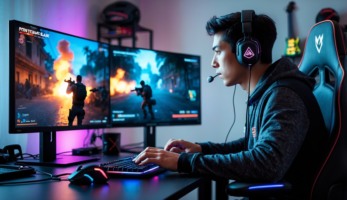 Seorang gamer muda sedang bermain Point Blank di depan dua monitor dengan perlengkapan gaming lengkap di sebuah ruangan berlampu lembut.