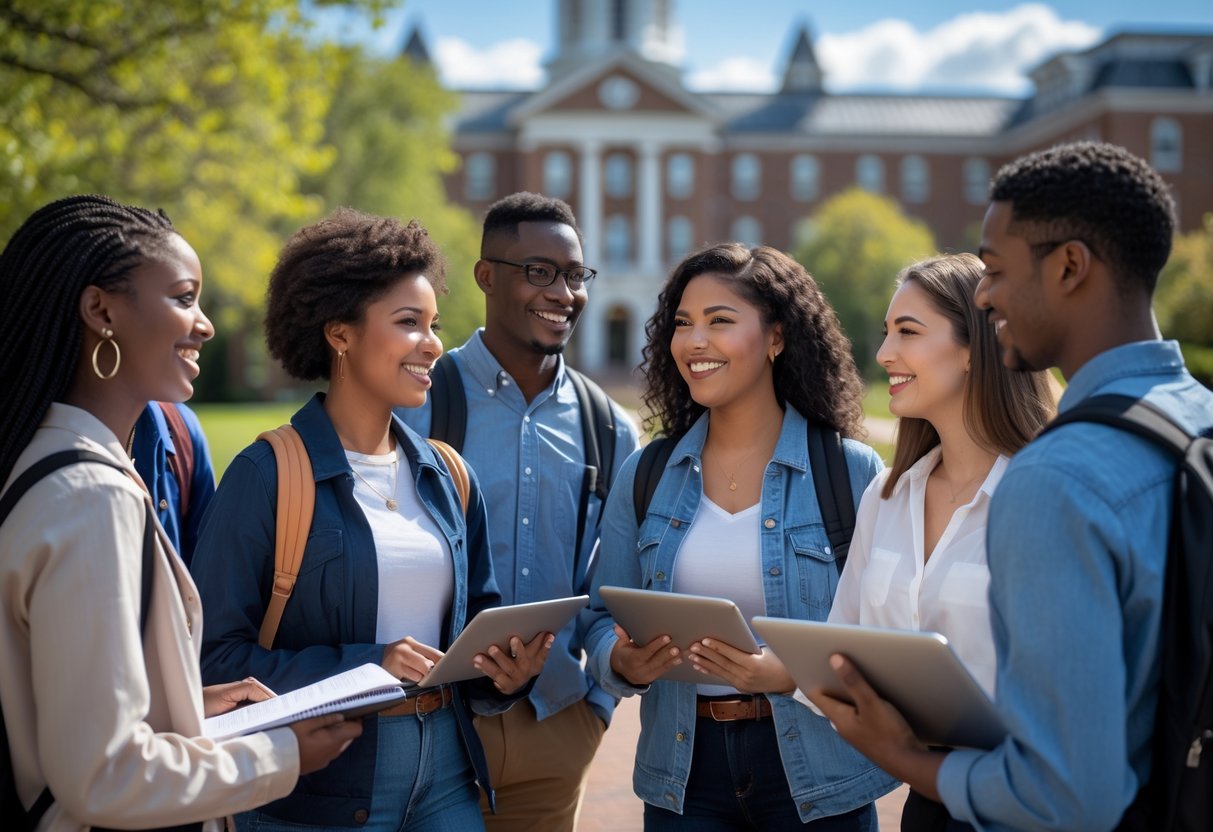 35 Fully Funded Scholarships | University of North Carolina Chapel Hill 2026 7 A group of diverse university students talking and studying together outdoors on a sunny day at a university campus.