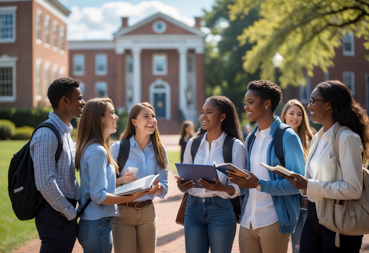 35 Fully Funded Scholarships | University of North Carolina Chapel Hill 2026 11 A group of diverse undergraduate students studying and talking together outdoors on a university campus with buildings and trees in the background.