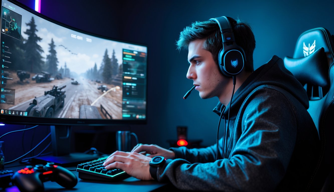 Seorang pria muda sedang bermain game tembak-tembakan di depan komputer dengan suasana ruangan yang gelap dan lampu warna-warni.