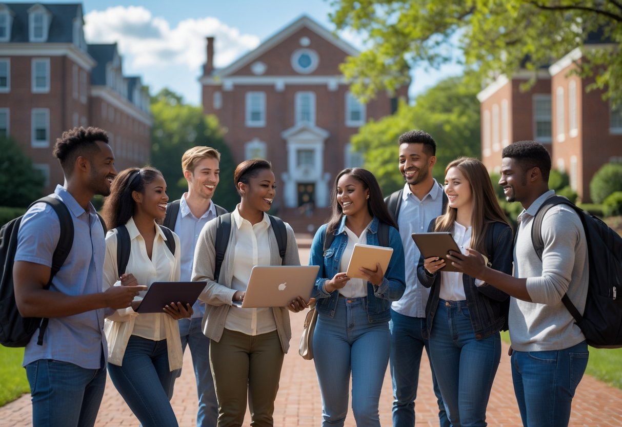 35 Fully Funded Scholarships | University of North Carolina Chapel Hill 2026 14 A group of diverse university students smiling and interacting outdoors on a sunny college campus.