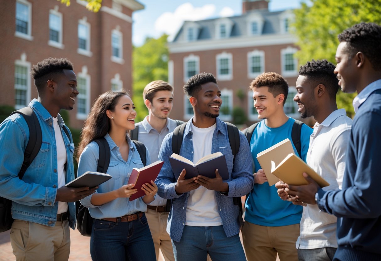 35 Fully Funded Scholarships | University of North Carolina Chapel Hill 2026 16 A group of diverse college students studying and talking together outdoors on a university campus with buildings and trees in the background.