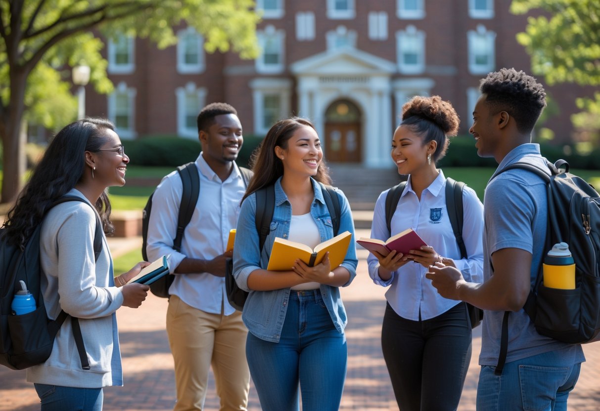 35 Fully Funded Scholarships | University of North Carolina Chapel Hill 2026 18 A group of diverse university students talking and studying together outdoors on a sunny day at a university campus with buildings and trees in the background.