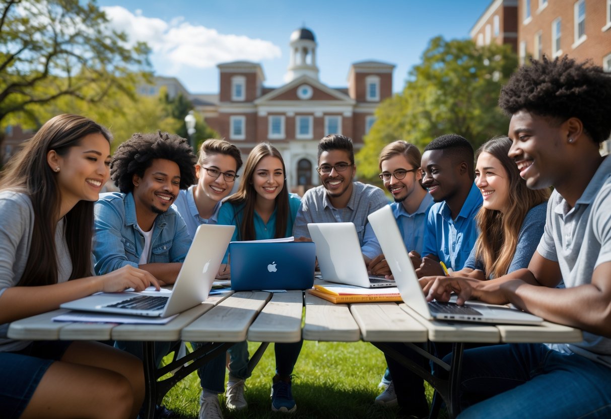 35 Fully Funded Scholarships | University of North Carolina Chapel Hill 2026 20 A diverse group of undergraduate students studying together outdoors on a university campus with UNC Chapel Hill buildings in the background.