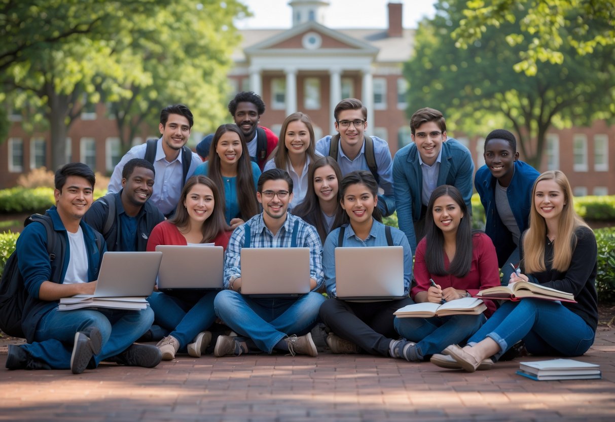 35 Fully Funded Scholarships | University of North Carolina Chapel Hill 2026 22 A group of diverse university students studying together outdoors on a college campus with trees and buildings in the background.
