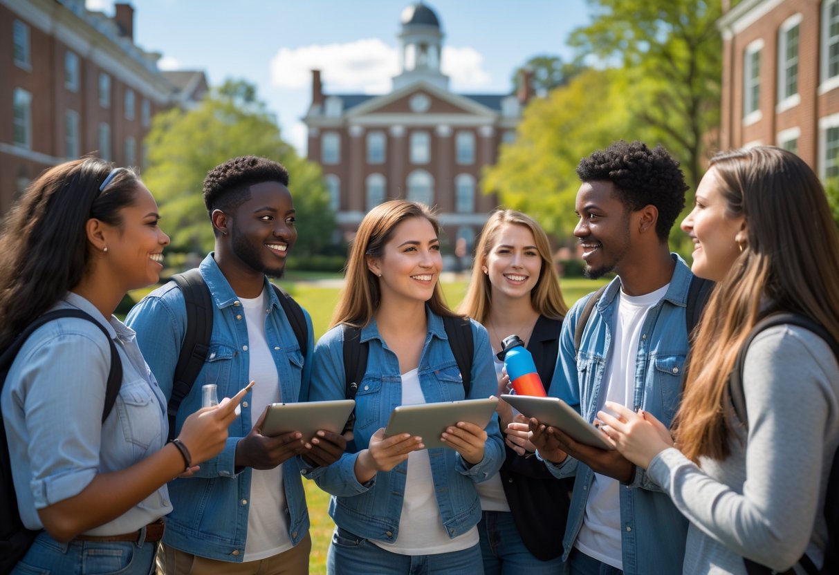 35 Fully Funded Scholarships | University of North Carolina Chapel Hill 2026 24 A group of diverse university students discussing outdoors on a sunny campus with buildings and trees in the background.