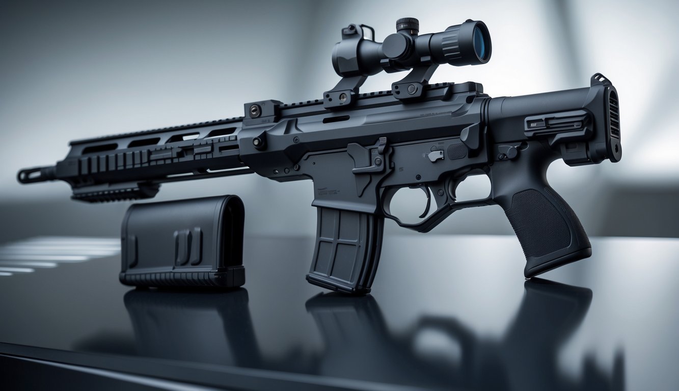 Foto close-up senjata api modern dengan latar belakang blur dan pencahayaan dramatis.