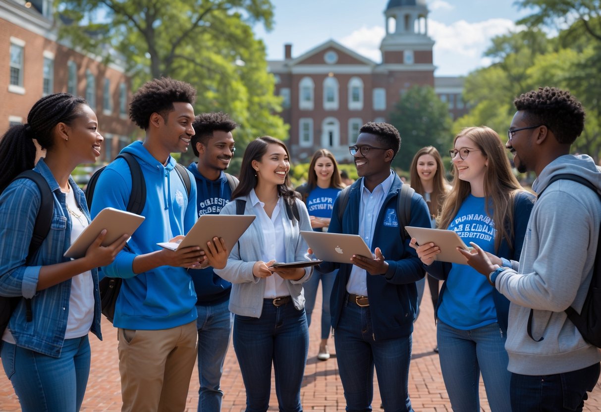 35 Fully Funded Scholarships | University of North Carolina Chapel Hill 2026 25 A diverse group of college students studying and discussing outdoors on a university campus with buildings and trees in the background.