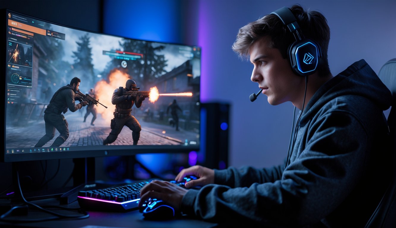 Seorang gamer muda fokus bermain game tembak-menembak di depan komputer dengan pencahayaan biru dan ungu di ruangan gelap.