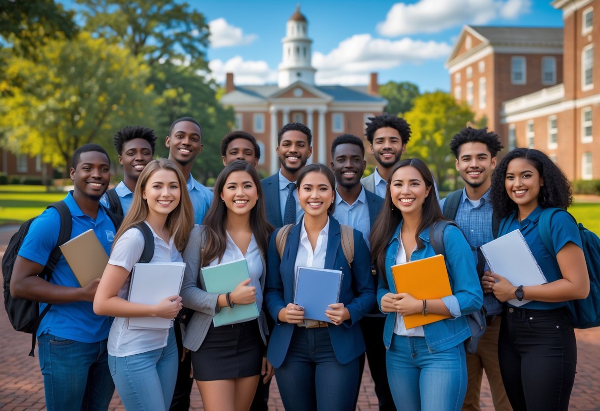 35 Fully Funded Scholarships | University of North Carolina Chapel Hill 2026 34 A diverse group of college students smiling and standing together outdoors on a university campus with buildings and trees in the background.