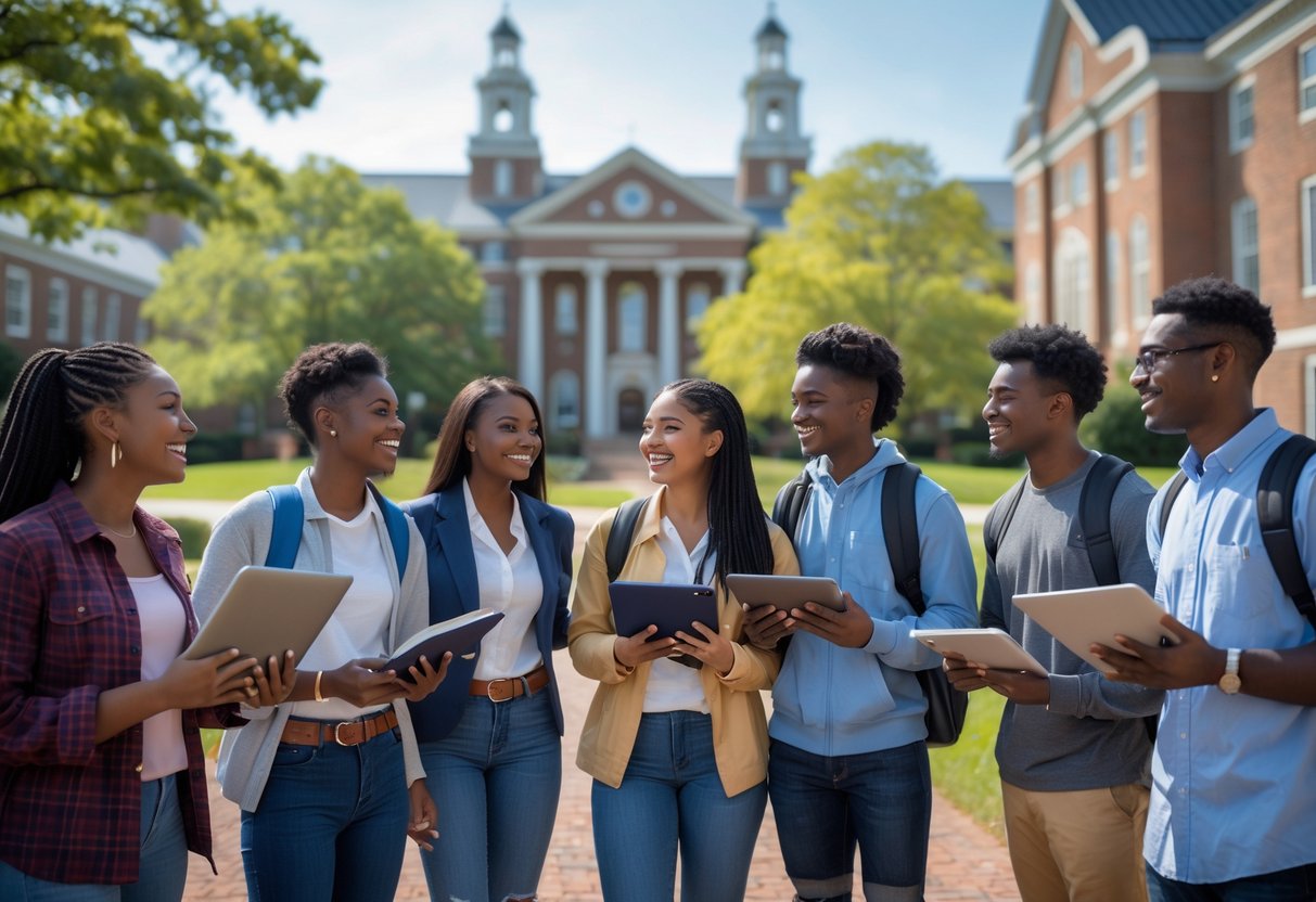35 Fully Funded Scholarships | University of North Carolina Chapel Hill 2026 39 A group of diverse university students talking and studying outdoors on a sunny day at a university campus with buildings and trees in the background.