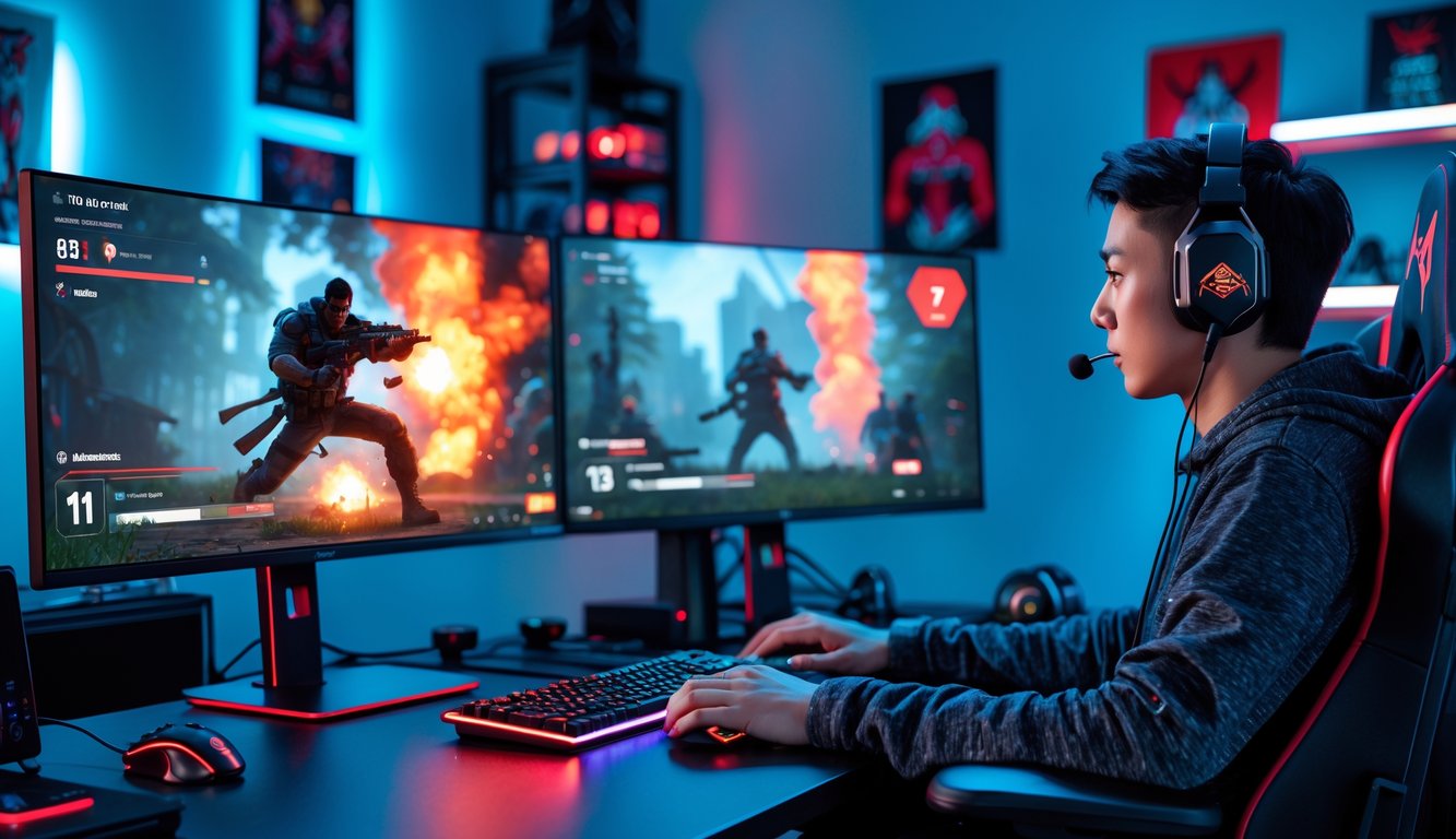 Seorang gamer muda duduk di depan komputer dengan dua monitor yang menampilkan permainan Point Blank, di ruangan gaming yang terang dan rapi dengan perlengkapan gaming di sekitarnya.