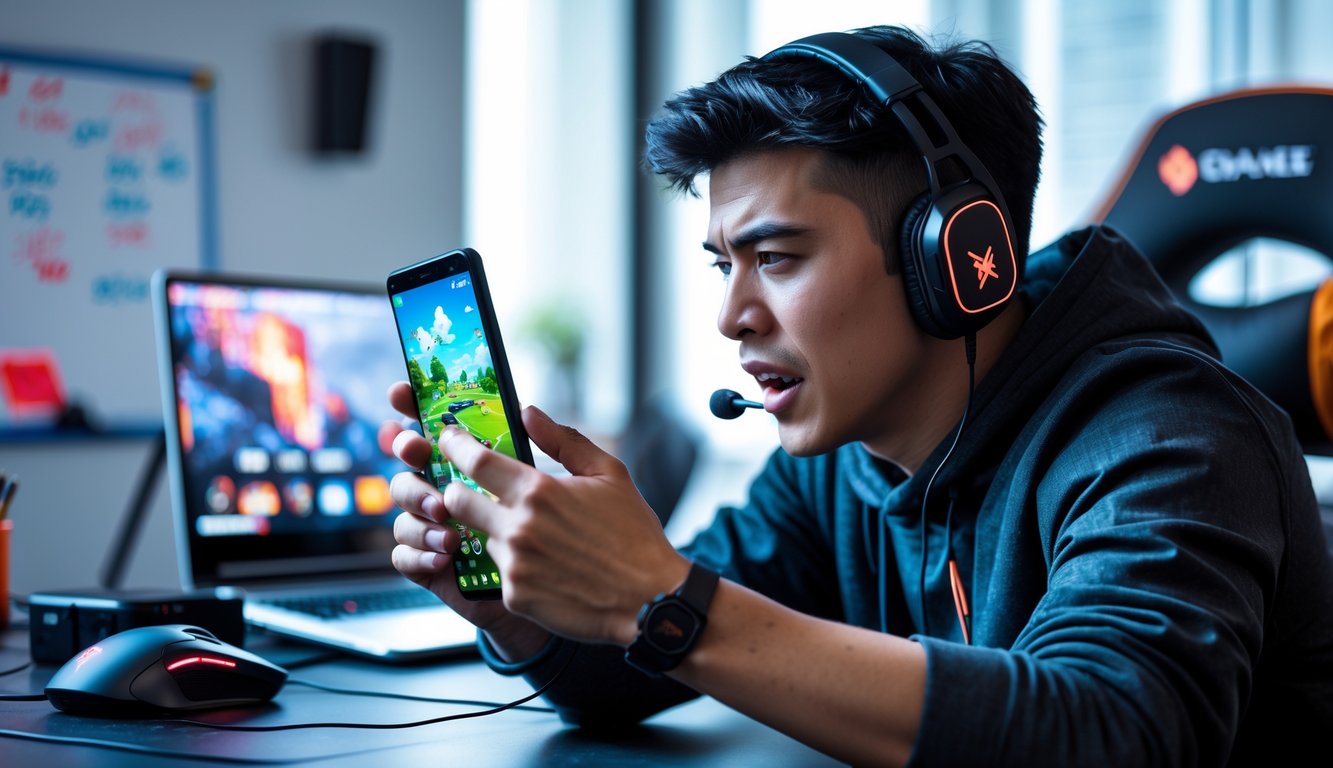 Seorang pria muda sedang fokus bermain game di ponsel dengan latar ruangan modern dan perlengkapan gaming.