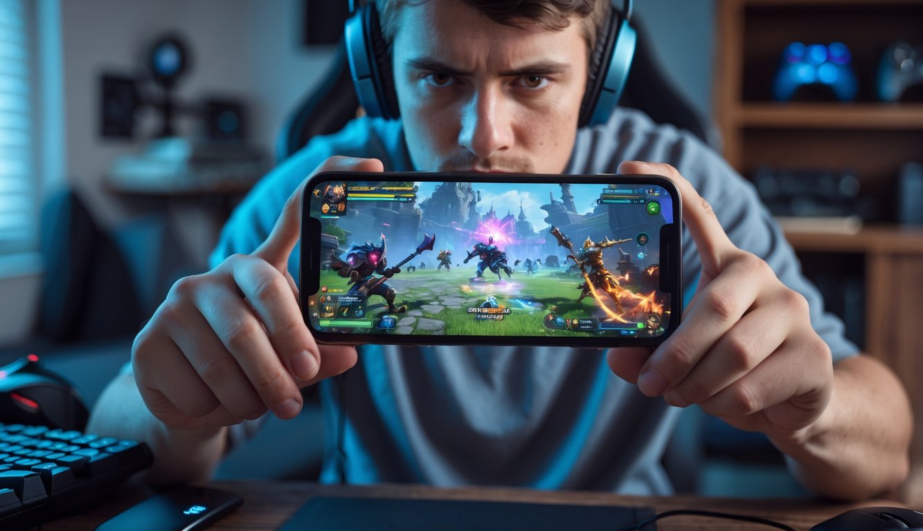 Seorang pria muda sedang fokus bermain game di ponsel di dalam ruangan yang nyaman dengan perlengkapan gaming di sekitar.