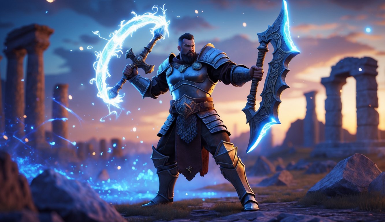 Seorang pahlawan berarmor berdiri di medan perang dengan senjata bercahaya dan reruntuhan kuno di latar belakang saat matahari terbenam.