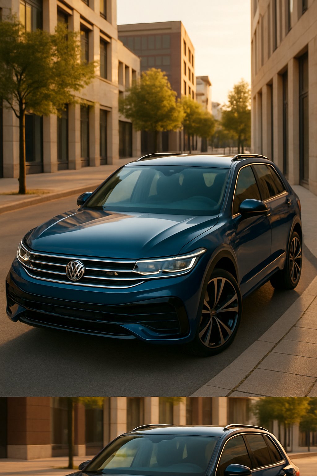 A 2024 Volkswagen Tiguan R Line parked on a city street with modern buildings in the background during sunset.