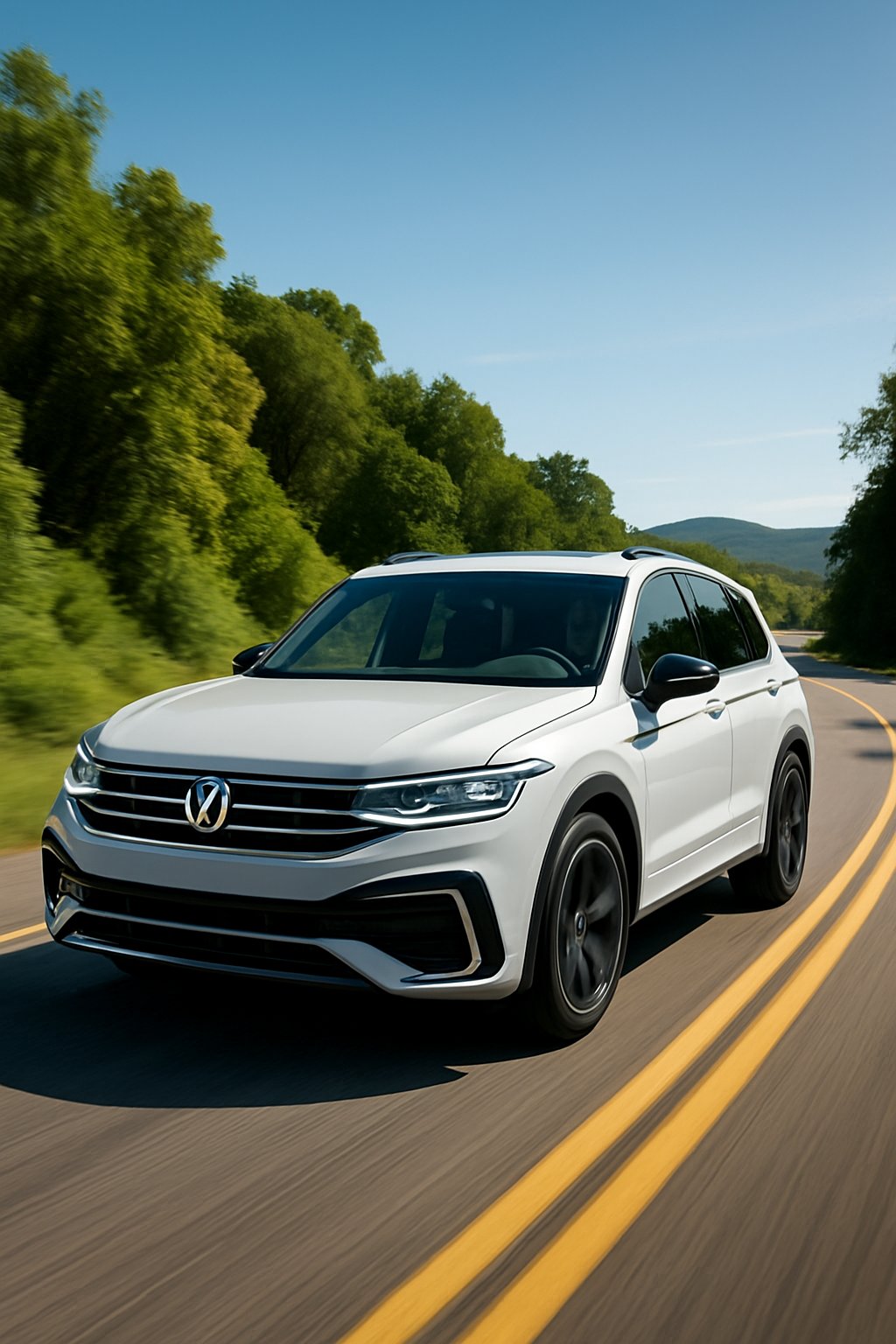 A 2024 Volkswagen R Line Tiguan driving on a highway surrounded by green trees and hills under a clear blue sky.
