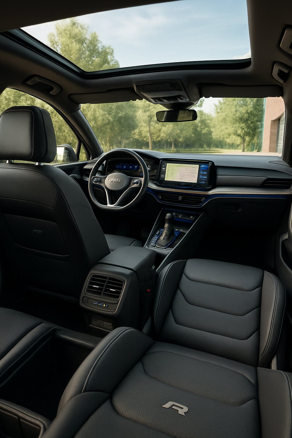 Interior view of a 2024 Volkswagen R Line Tiguan showing the front seats, digital dashboard, steering wheel, and spacious cargo area with rear seats partially folded.