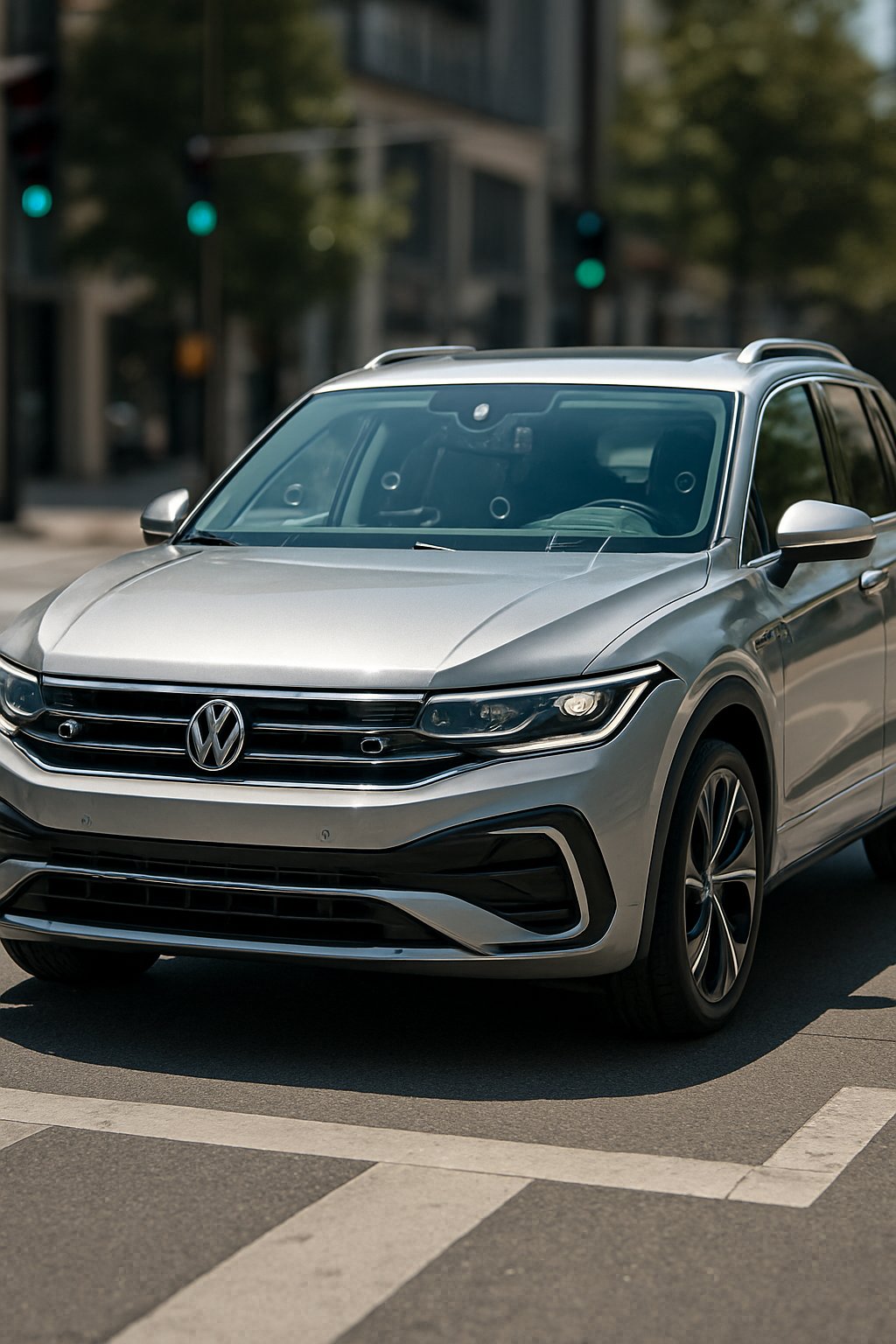 A 2024 Volkswagen R-Line Tiguan parked on a city street showing its front and side with visible sensors for driver assistance.