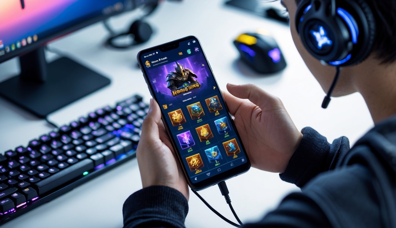 Seseorang memegang ponsel yang menampilkan layar item terbaik dari game Honor of Kings di meja dengan perlengkapan gaming.