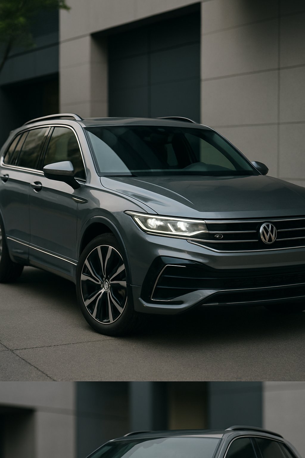 A 2024 Volkswagen R-Line Tiguan parked outdoors showing its front and side with detailed alloy wheels and modern exterior design.