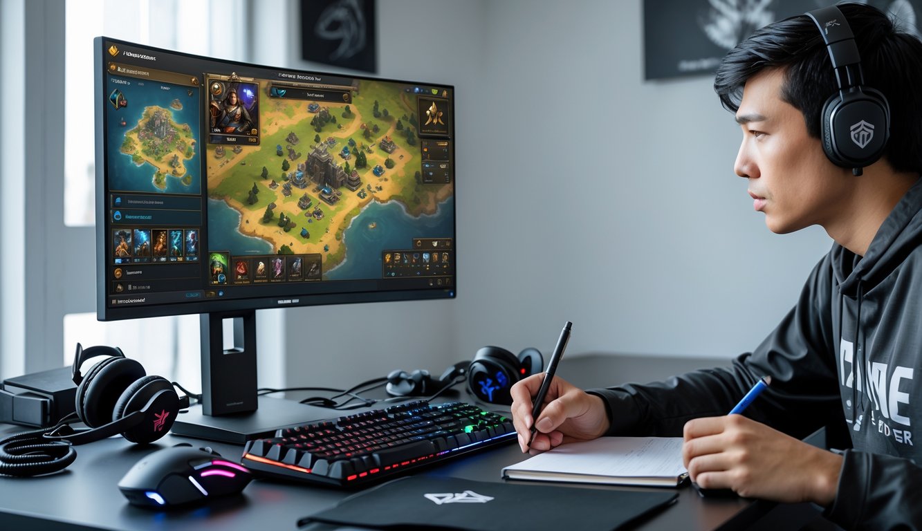 Seorang pria muda sedang duduk di depan komputer dengan layar menampilkan permainan Honor of Kings, terlihat fokus merencanakan strategi permainan.